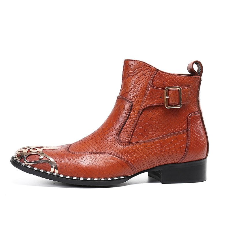 Men's Embossed Leather Ankle Boots with Filigree Toe & Rhinestones - Ideal Place Market