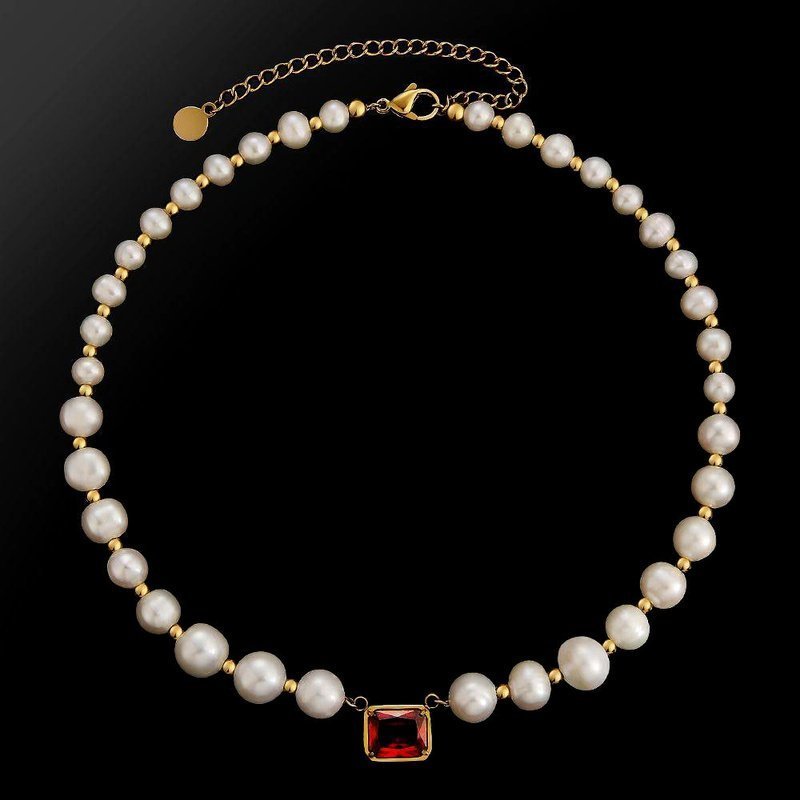 Men's Freshwater Pearl Beaded Necklace with Red Zircon Pendant - Ideal Place Market