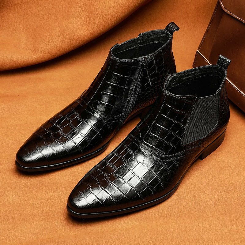 Men's Full Grain Cow Leather Crocodile Texture Ankle Boots - Ideal Place Market