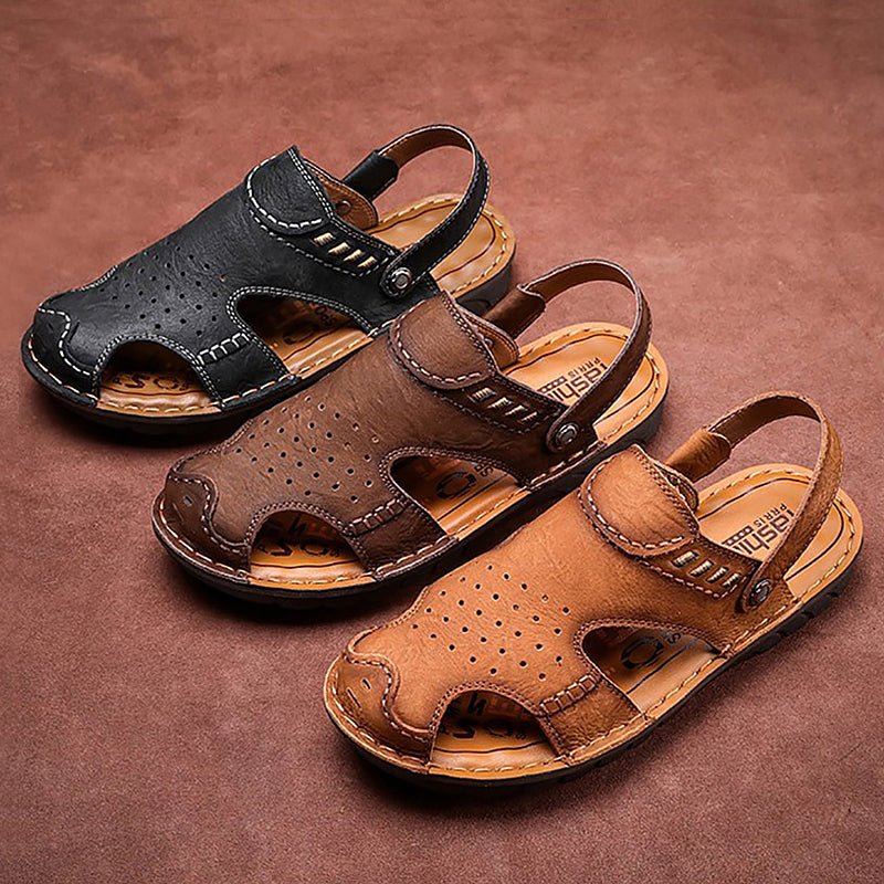 Men's Genuine Leather Slip-On Sandals with Ankle Strap - Ideal Place Market