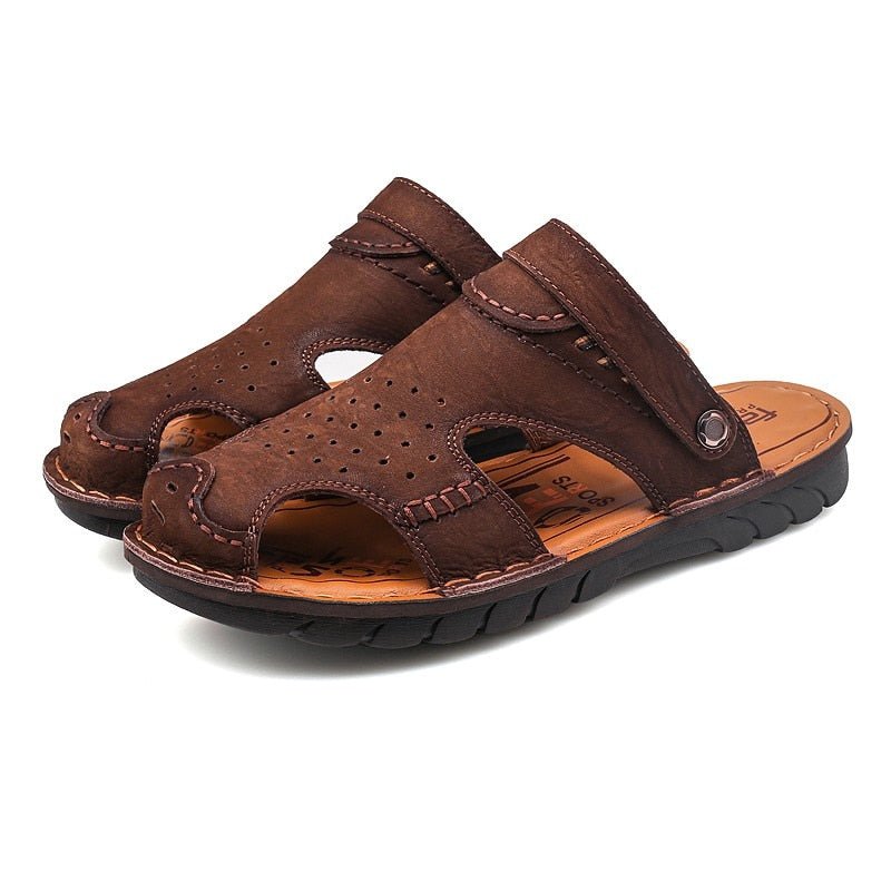 Men's Genuine Leather Slip-On Sandals with Ankle Strap - Ideal Place Market