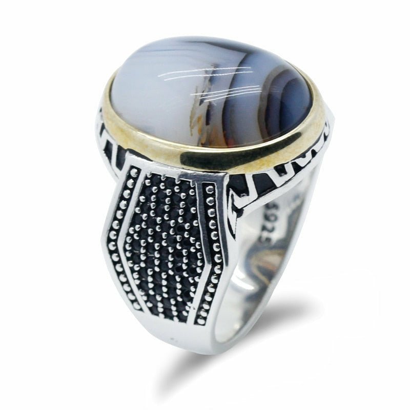 Men's Natural Agate & Black Zircon Ring in Sterling Silver - Ideal Place Market