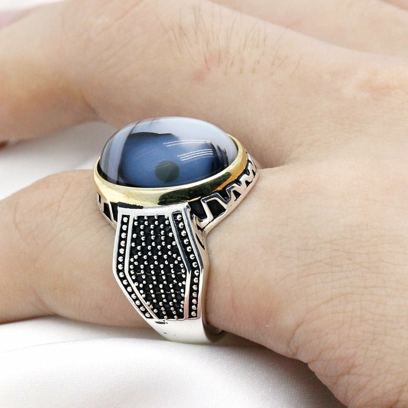 Men's Natural Agate & Black Zircon Ring in Sterling Silver - Ideal Place Market