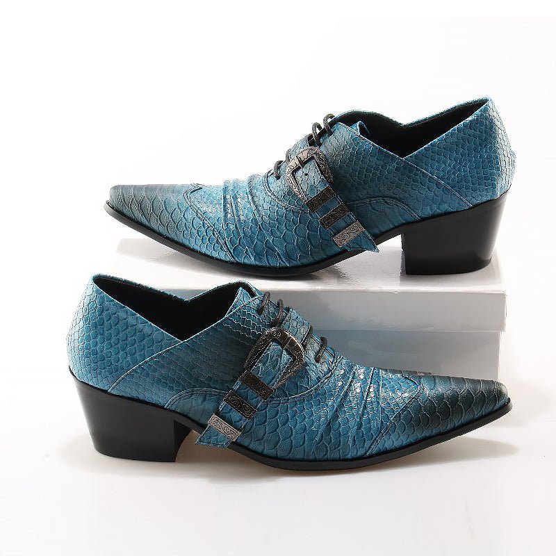 Men's Ocean Blue Embossed Leather Pointed-Toe Oxfords - Ideal Place Market