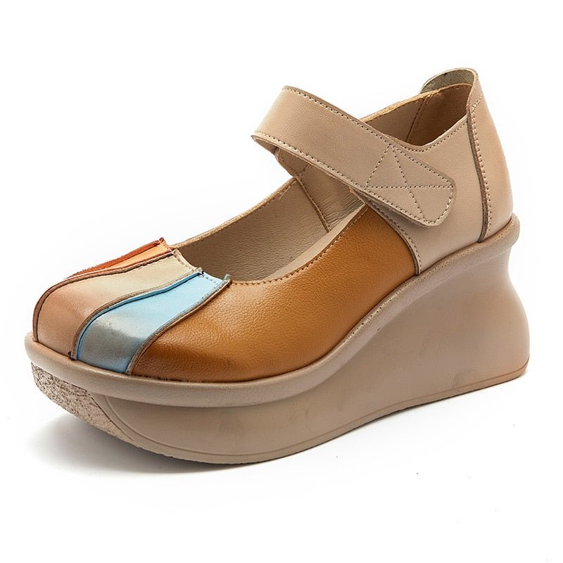 Multi-Tone Genuine Leather Platforms with Velcro Strap - Ideal Place Market