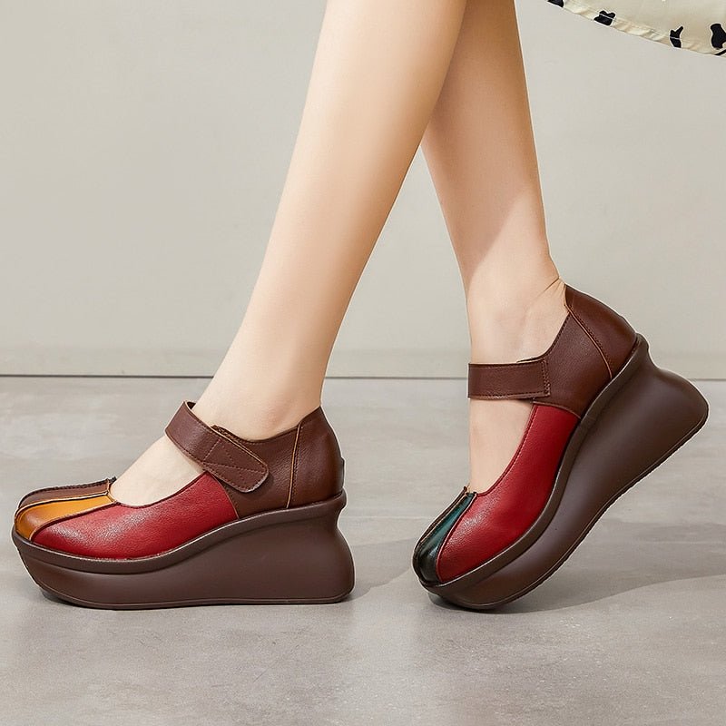 Multi-Tone Genuine Leather Platforms with Velcro Strap - Ideal Place Market
