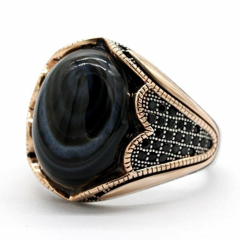 Natural Agate & Black Zircon Ring in 925 Silver - Ideal Place Market