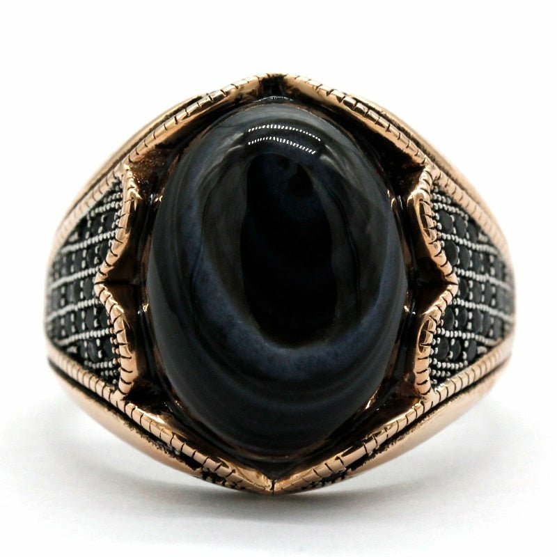 Natural Agate & Black Zircon Ring in 925 Silver - Ideal Place Market
