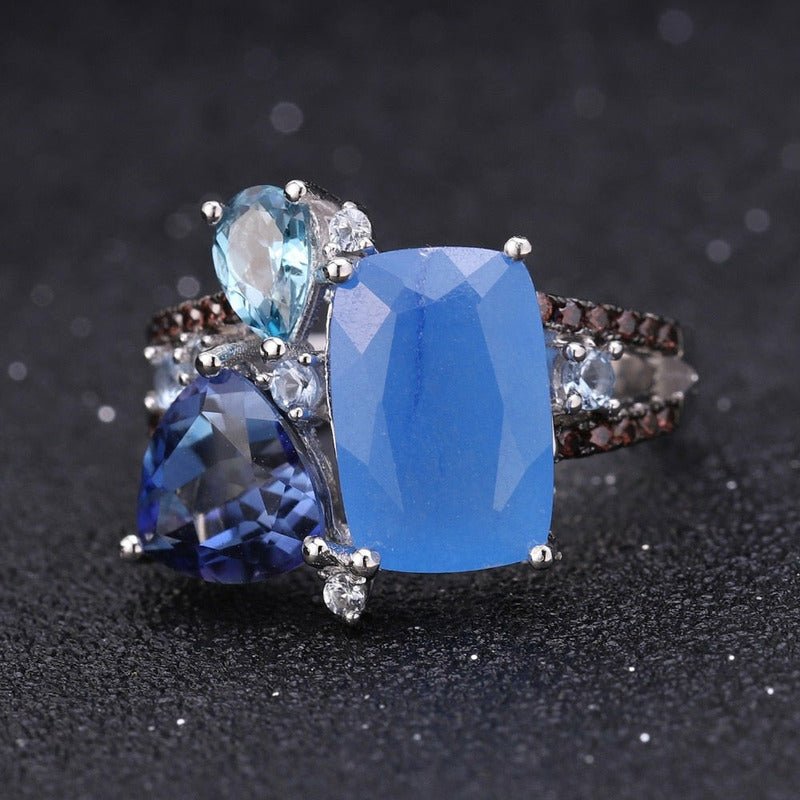 Natural Blue Chalcedony & Topaz Ring in 925 Silver - Ideal Place Market