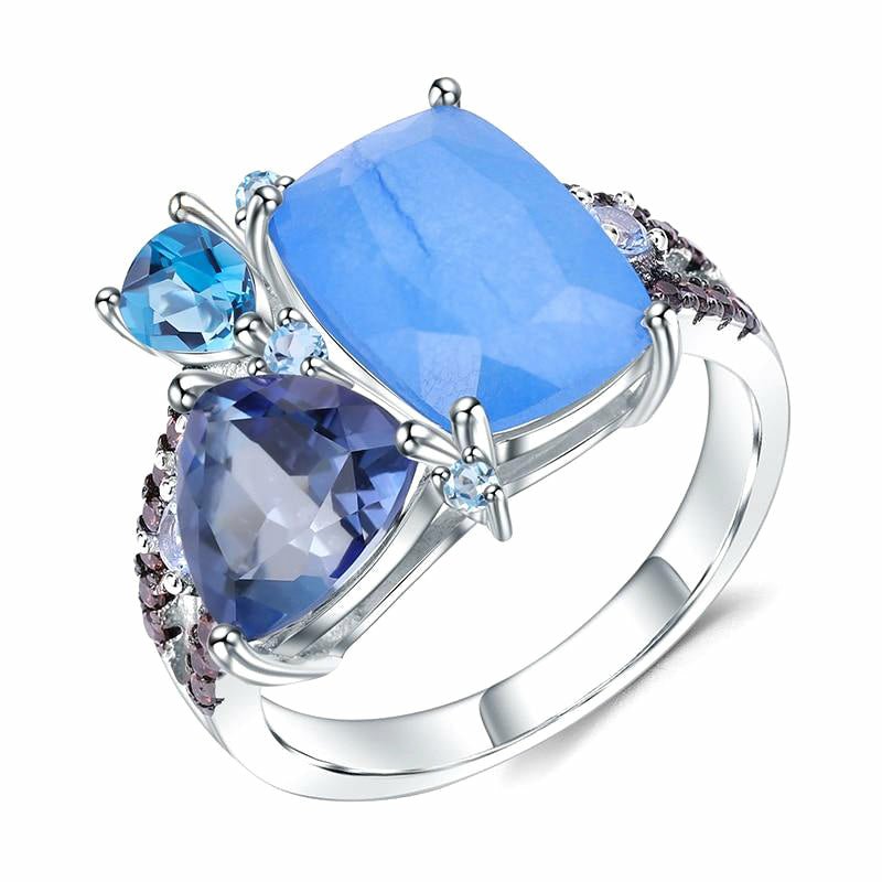 Natural Blue Chalcedony & Topaz Ring in 925 Silver - Ideal Place Market