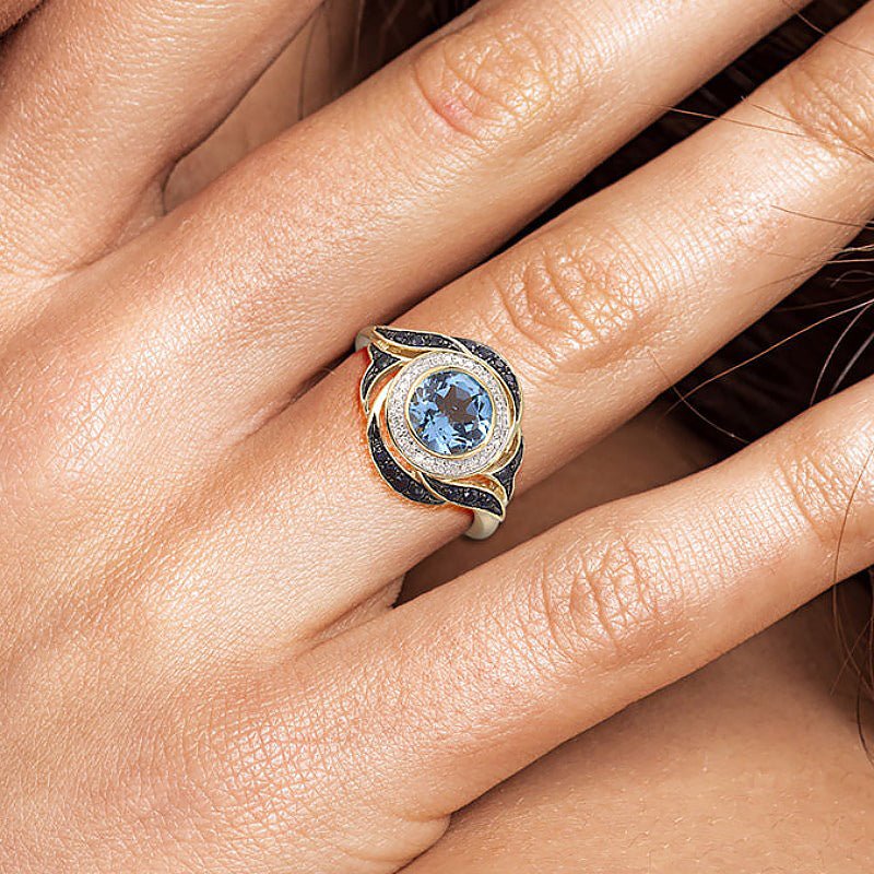 Natural Blue Topaz, Sapphire & Diamond 14k Gold Ring for Women - Ideal Place Market