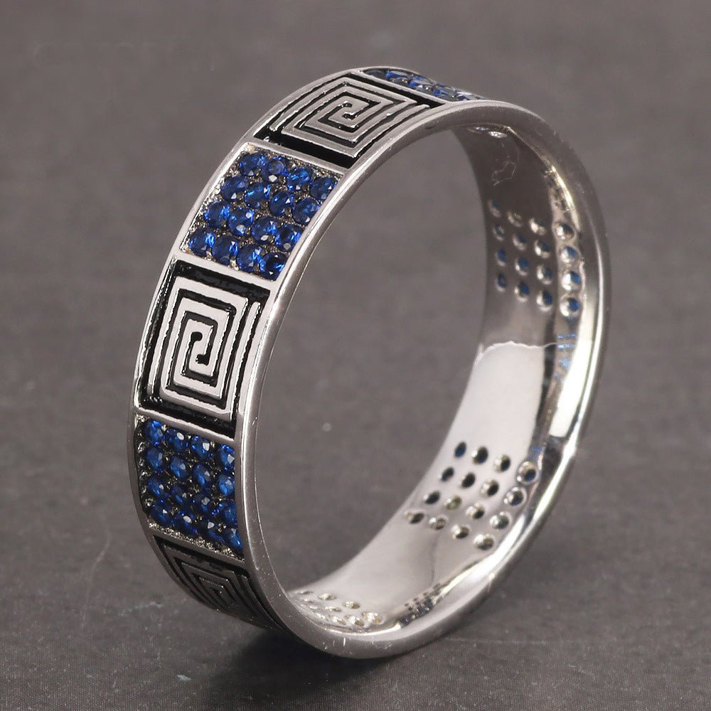 Natural Blue Zircon in Greek Key S925 Silver Ring - Ideal Place Market