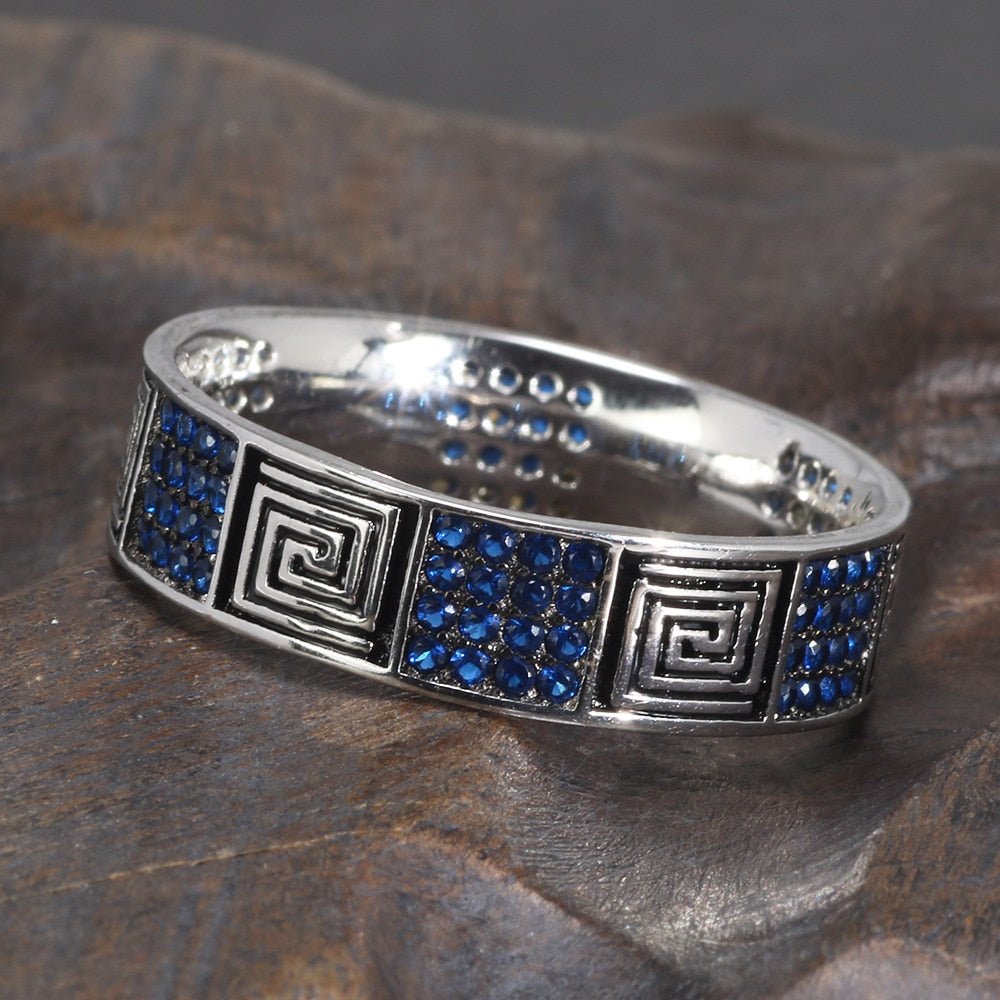Natural Blue Zircon in Greek Key S925 Silver Ring - Ideal Place Market
