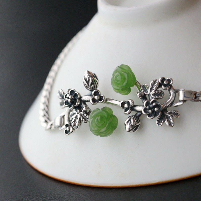 Natural Green Jasper Flowered Bracelet - S925 Silver - Ideal Place Market