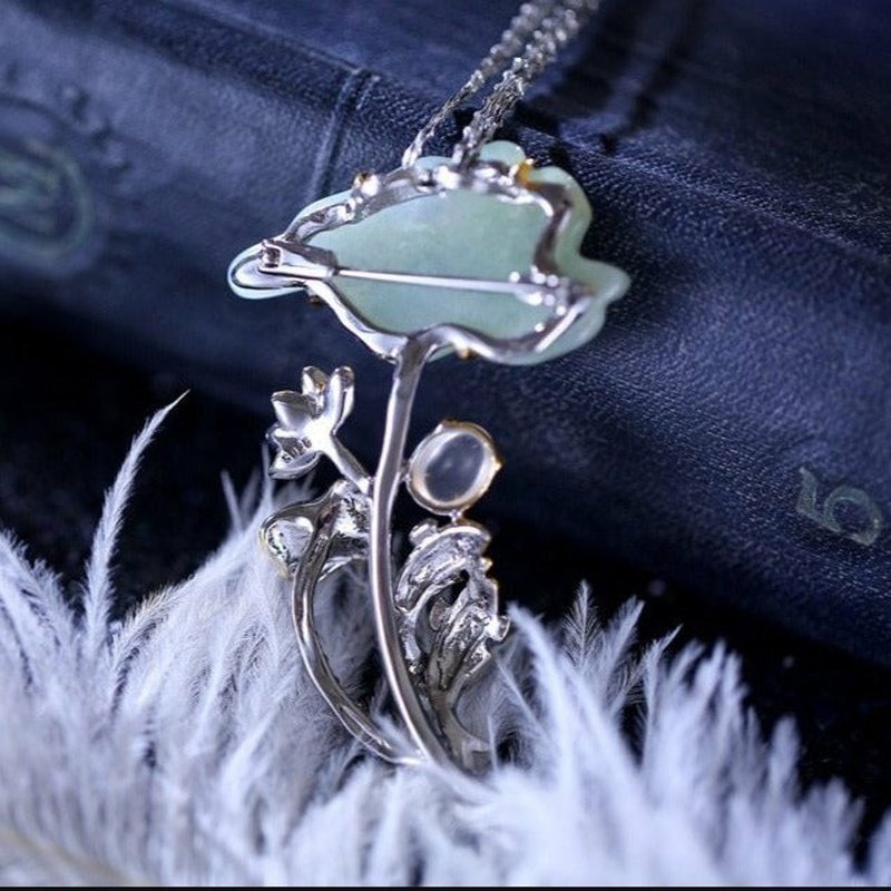 Natural Hand Carved Jade Lotus Necklace Pendant/Brooch in Thai Silver Setting - Ideal Place Market