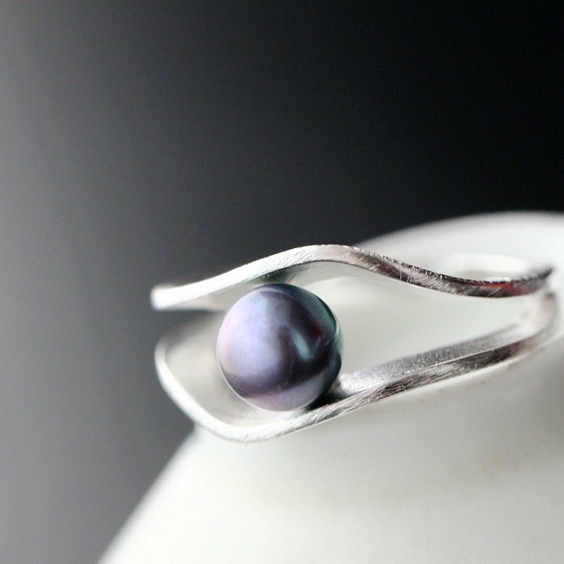 Natural Inlaid Black Pearl in Brushed Silver Ring - Ideal Place Market