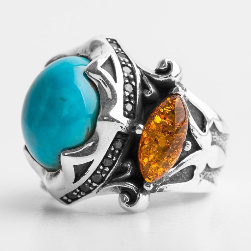 Natural Inlaid Turquoise & Amber Ring - Ideal Place Market
