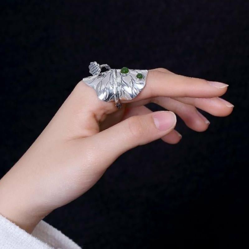 Natural Jade & Lotus Flower S925 Silver Ring - Ideal Place Market