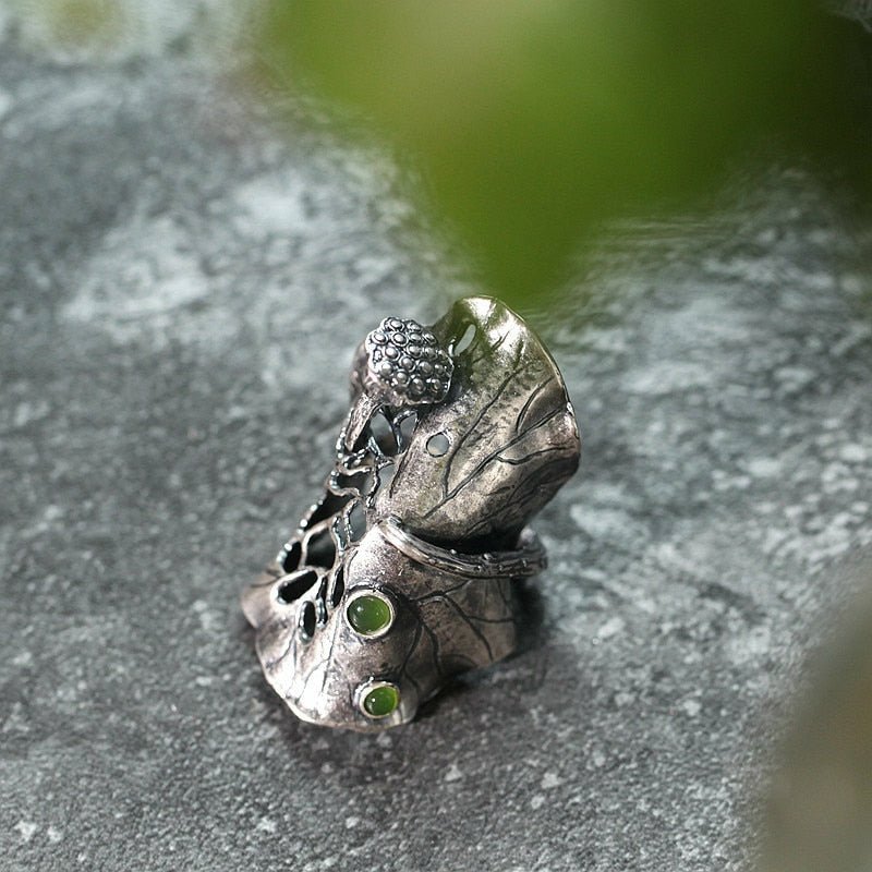 Natural Jade & Lotus Flower S925 Silver Ring - Ideal Place Market