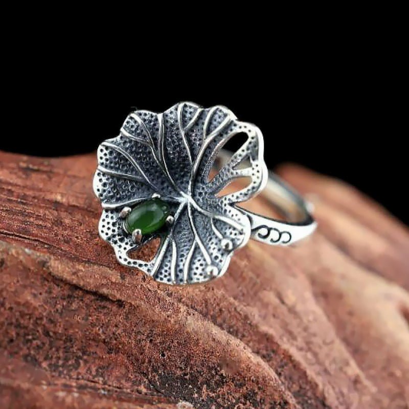 Natural Jasper and Silver Lotus Leaf Ring for Women - Ideal Place Market