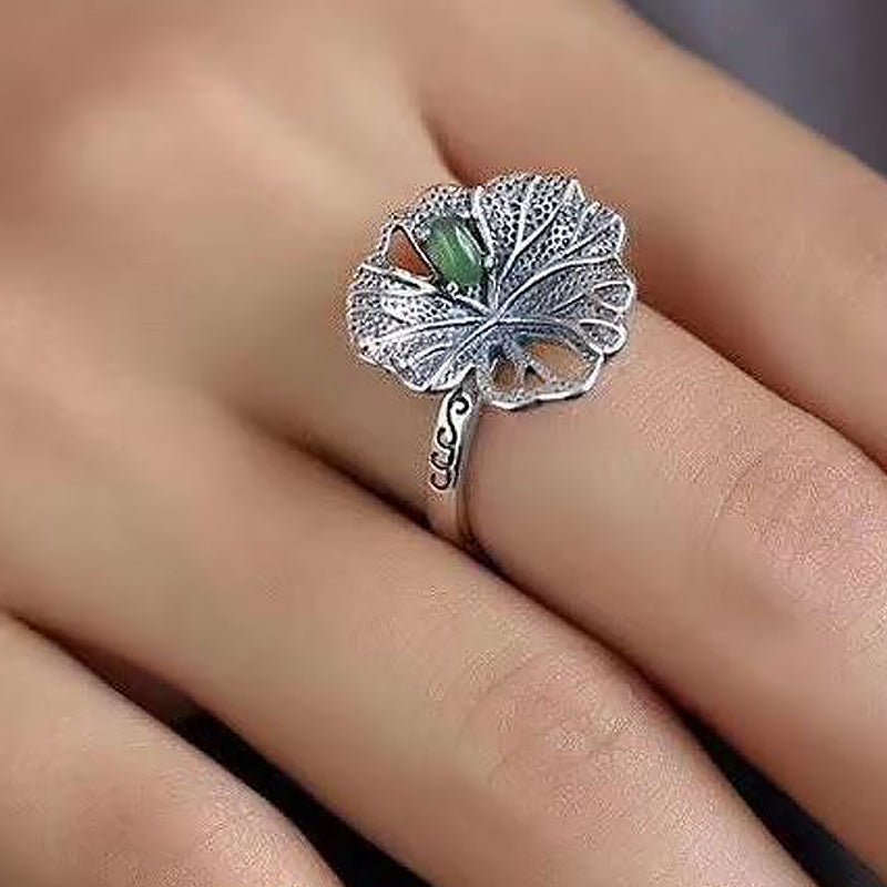 Natural Jasper and Silver Lotus Leaf Ring for Women - Ideal Place Market