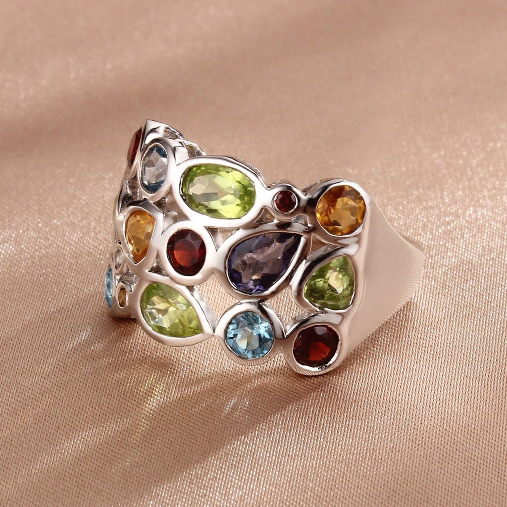 Natural Multicolored Gems in S925 Silver Ring for Women - Ideal Place Market