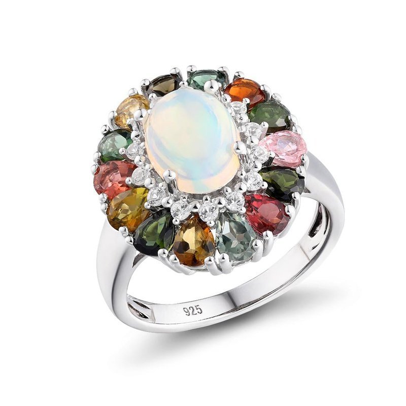 Natural Opal & Multicolored Tourmaline in S925 Silver Ring - Ideal Place Market