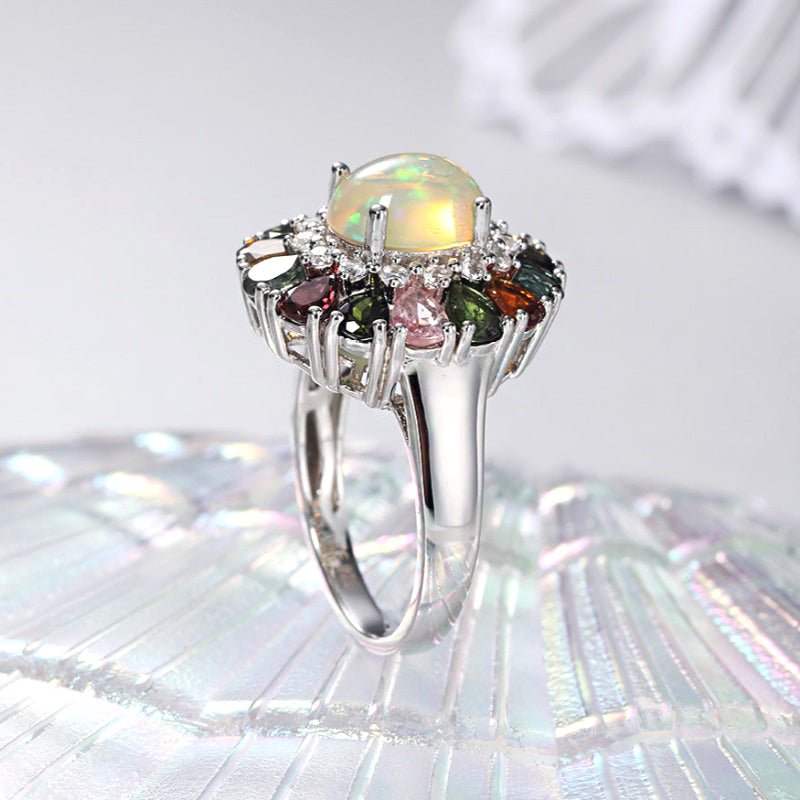 Natural Opal & Multicolored Tourmaline in S925 Silver Ring - Ideal Place Market
