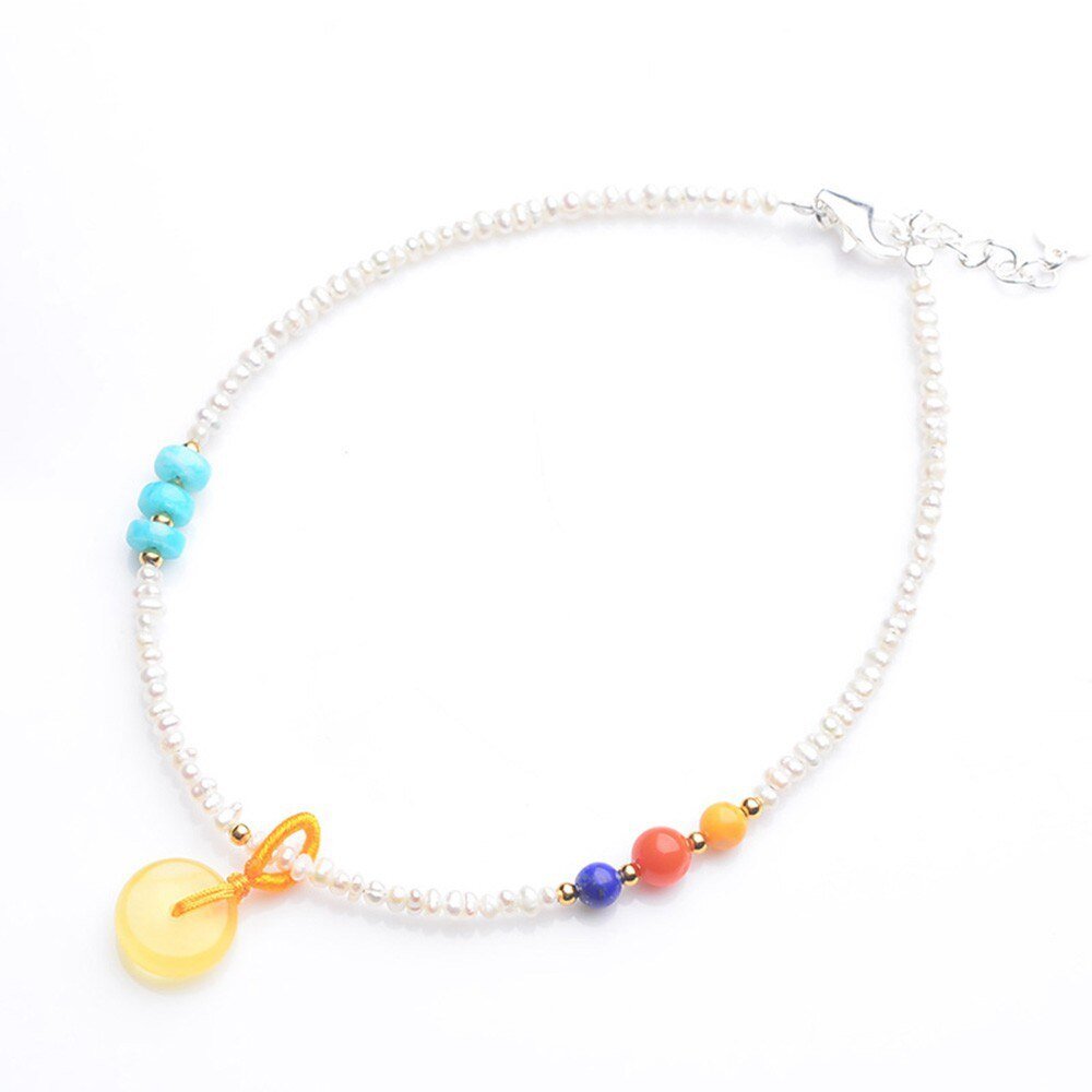 Natural Pearl & Crystal Beaded S925 Anklet - Ideal Place Market
