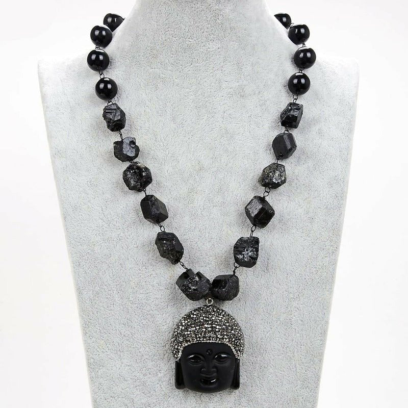 Natural, Raw Black Tourmaline Necklace with Black Onyx Buddha Pendant - Ideal Place Market
