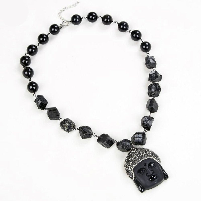 Natural, Raw Black Tourmaline Necklace with Black Onyx Buddha Pendant - Ideal Place Market