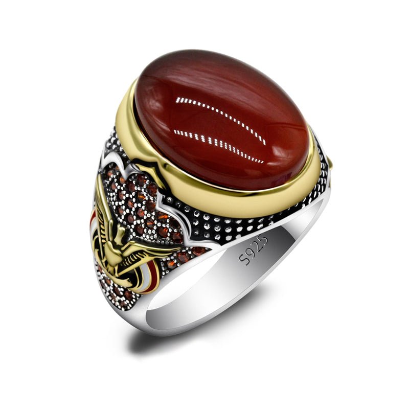 Natural Red Agate & Zircon S925 Sterling Silver Mens Ring - Ideal Place Market