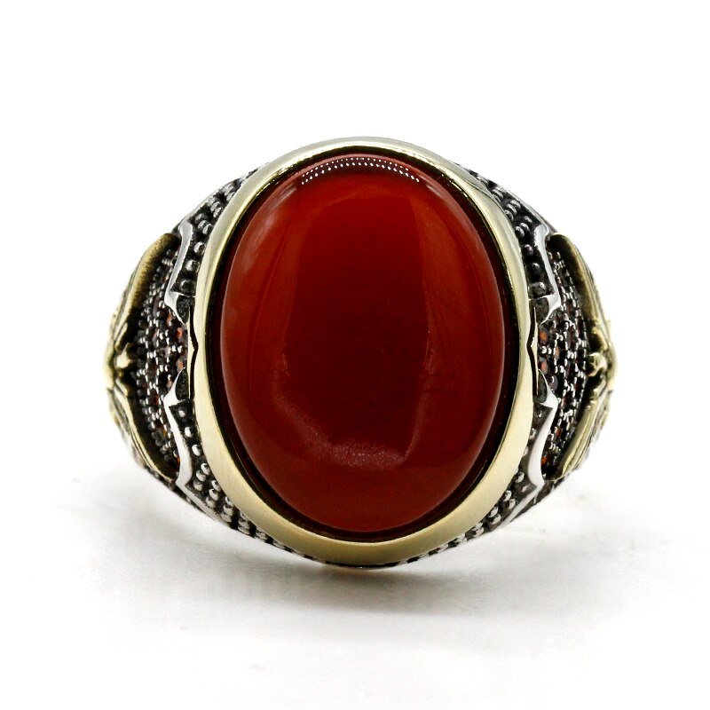 Natural Red Agate & Zircon S925 Sterling Silver Mens Ring - Ideal Place Market