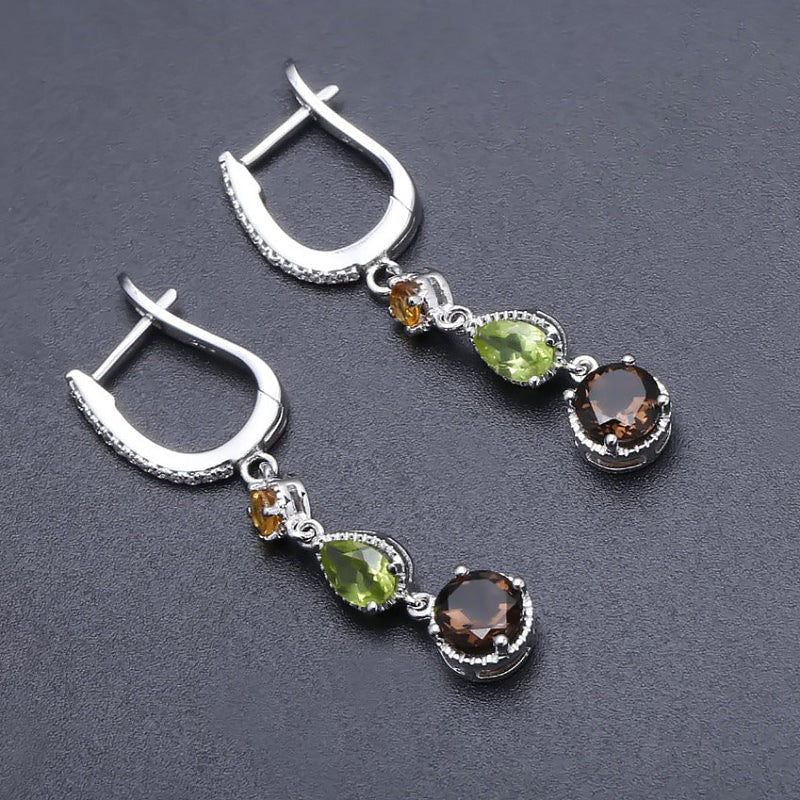Natural Smoky Quartz, Citrine & Peridot in S925 Earrings - Ideal Place Market
