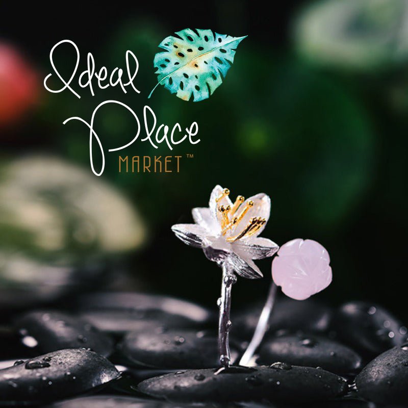 Natural Stone Paired with Silver & Gold Blooming Lotus Ring - Ideal Place Market