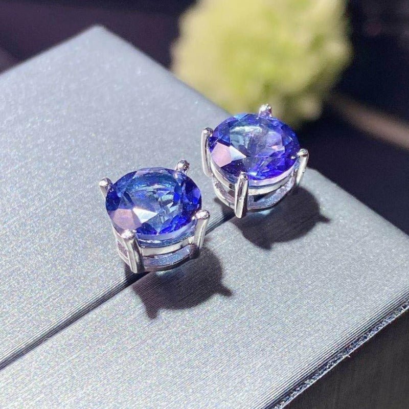 Natural Tanzanite & Silver Stud Earrings - 8mm - Ideal Place Market