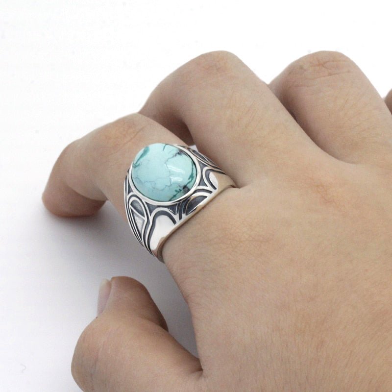 Natural Turquoise in S925 Sterling Silver Men's Ring - Ideal Place Market