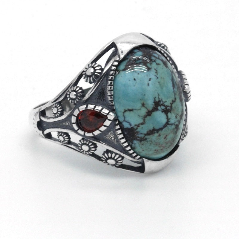 Natural Turquoise & Red Zircon Silver Ring for Men - 7