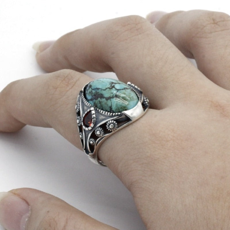 Natural Turquoise & Red Zircon Silver Ring for Men