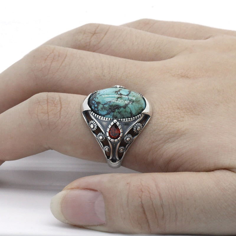 Natural Turquoise & Red Zircon Silver Ring for Men