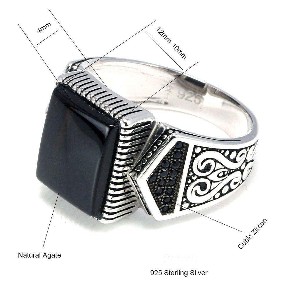 Old World S925 Silver & Black Agate Ring for Men - Ideal Place Market