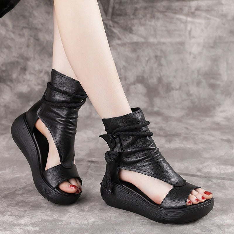 Open Sided Leather Platform Ankle Booties with Tassels - Ideal Place Market