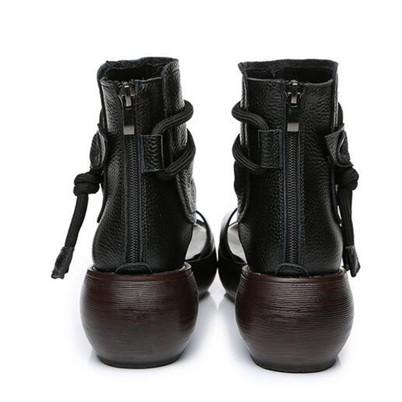 Open Sided Leather Platform Ankle Booties with Tassels - Ideal Place Market