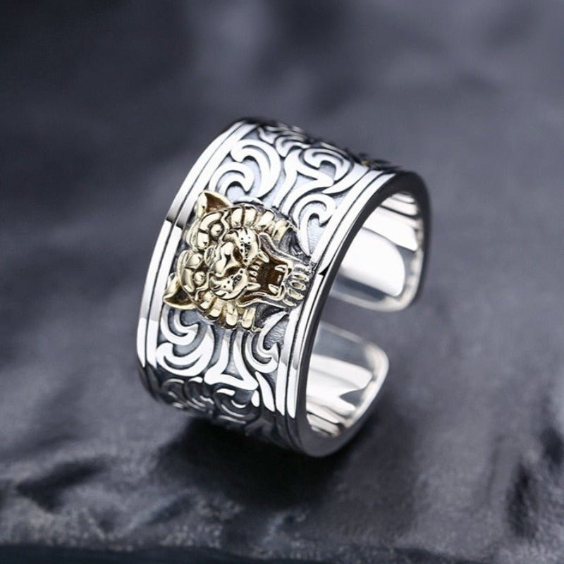 Ornate Growling Tiger Ring in Adjustable 925 Silver - Ideal Place Market