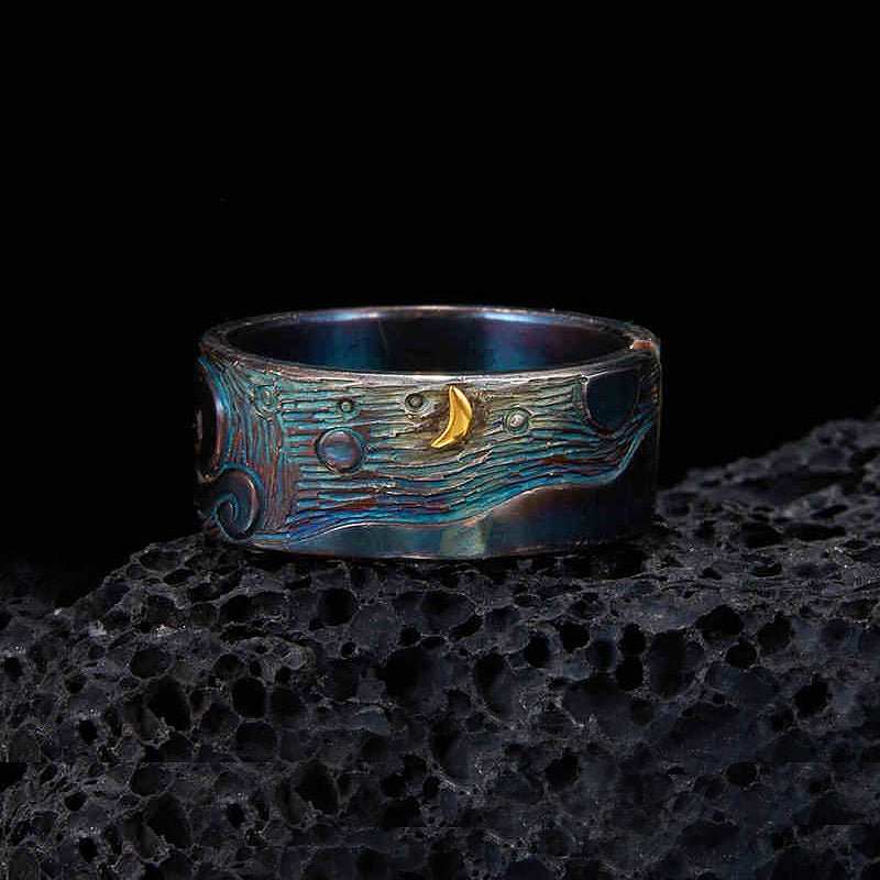 Patina Oxidized Night Sky on S999 Silver Adjustable Ring - Ideal Place Market