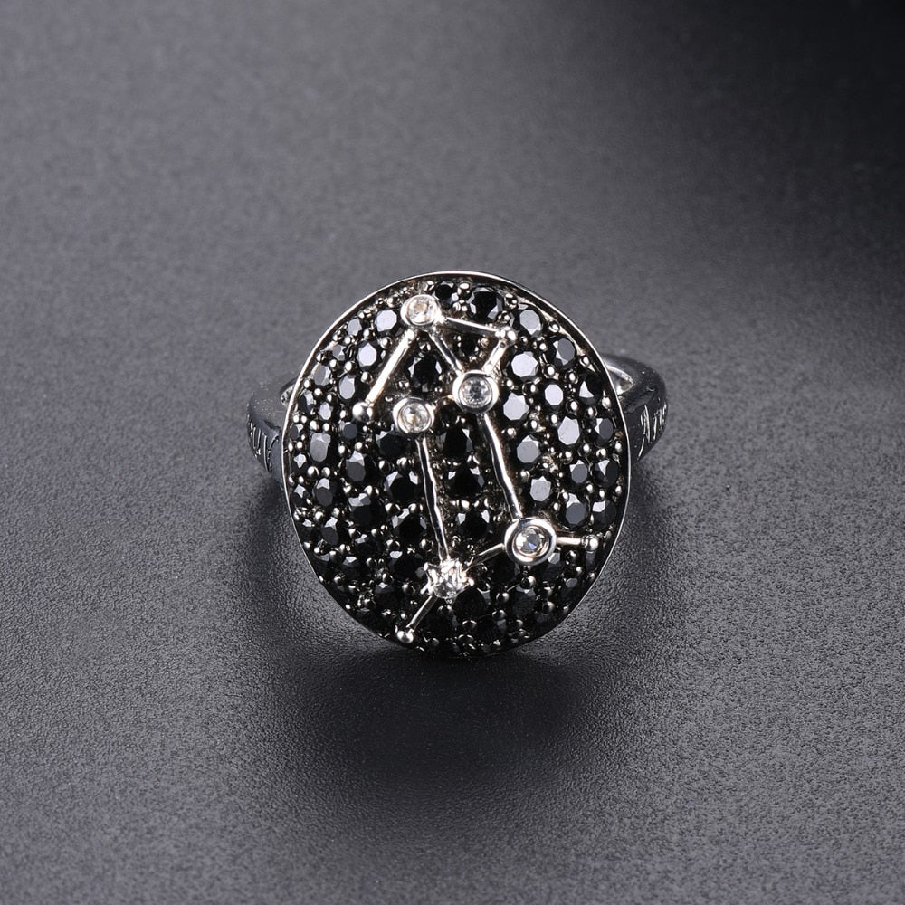 Pavé Black Spinel ’Zodiac Sign’ Sterling Silver Rings