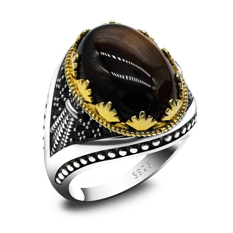 Polished Brown Agate & Black Zircon in S925 Ring - Ideal Place Market