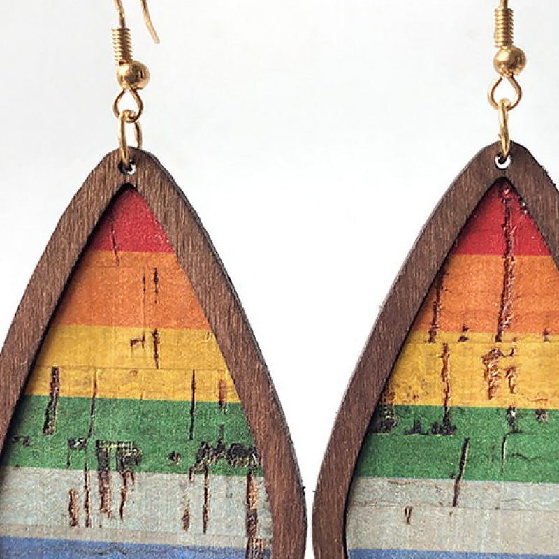 Rainbow Colored Natural Cork & Wood Dangle Earrings - Ideal Place Market