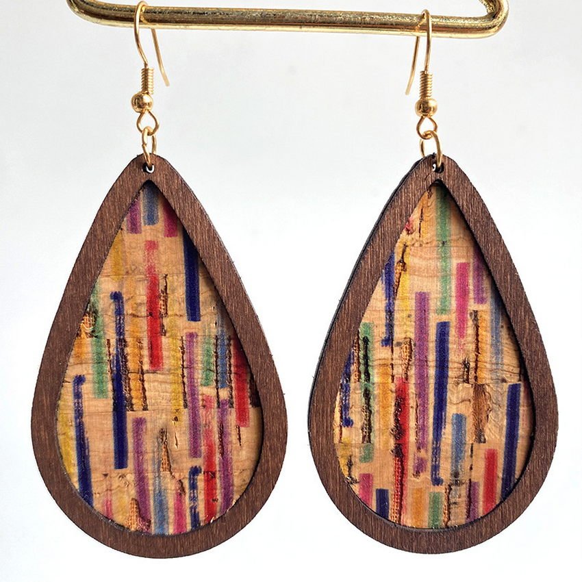Rainbow Colored Natural Cork & Wood Dangle Earrings - Ideal Place Market