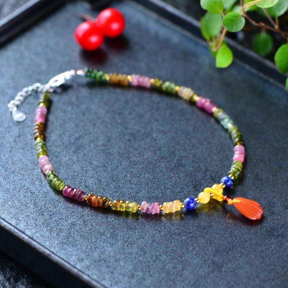 Rainbow Tourmaline Beaded S925 Anklet - Ideal Place Market